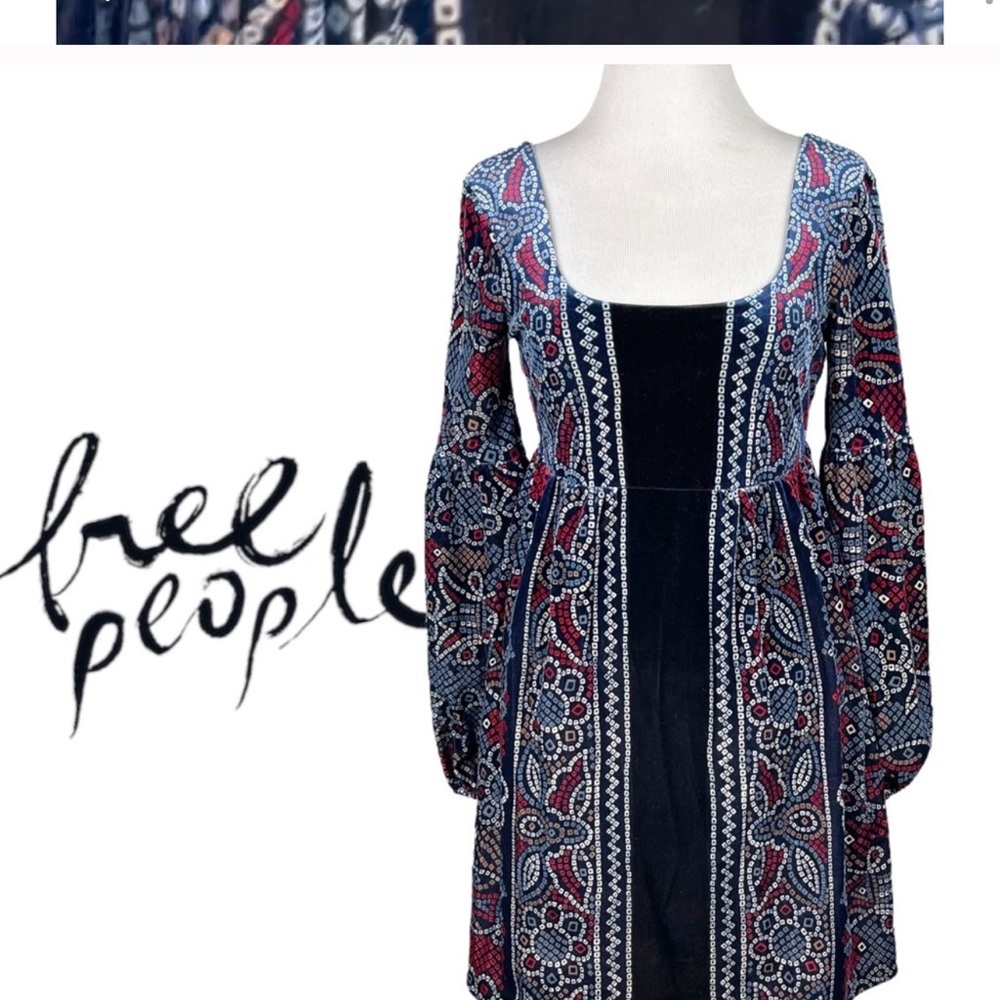 Free People Oh So Easy Babydoll Dress Blue Velvet XS Puff Sleeve Renaissance